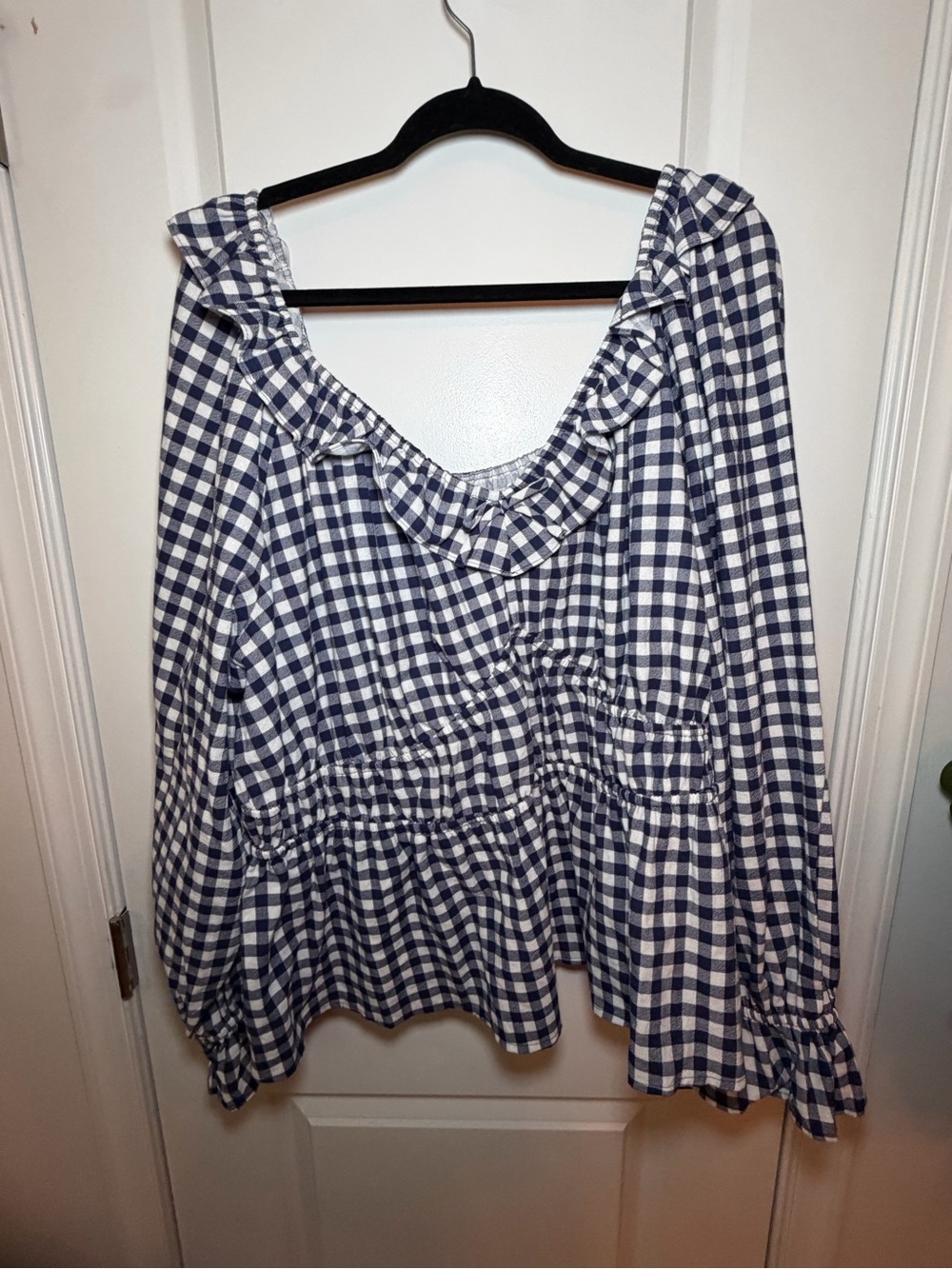 Ava & Viv Navy and White Gingham Ruffle Peplum Blouse